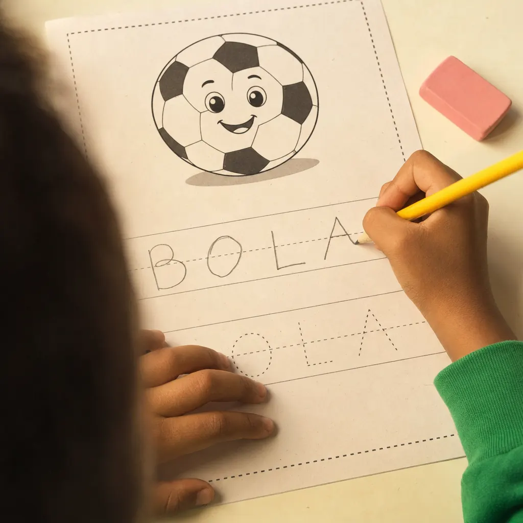 Criança escrevendo BOLA na atividade de alfabetização