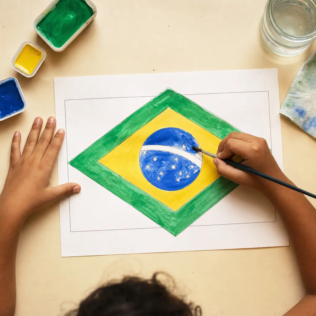 Mãos de criança pintando a bandeira do Brasil