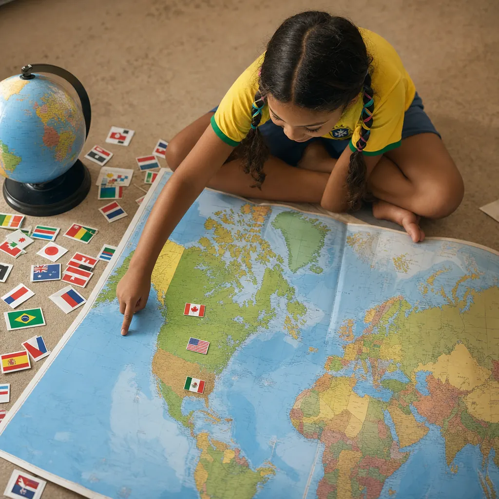 Menina explorando mapa-múndi com bandeiras das seleções