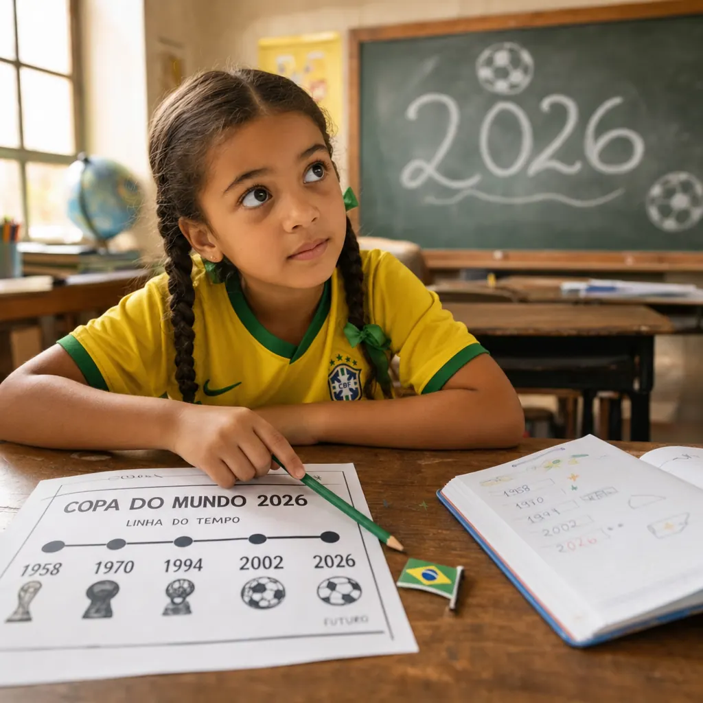 Menina explorando linha do tempo das Copas do Mundo