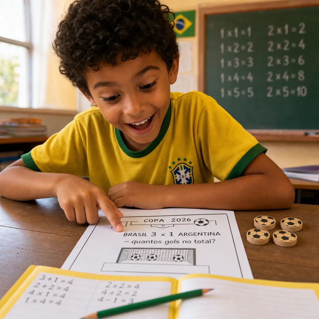 Menino resolvendo problema de matemática com tema da Copa