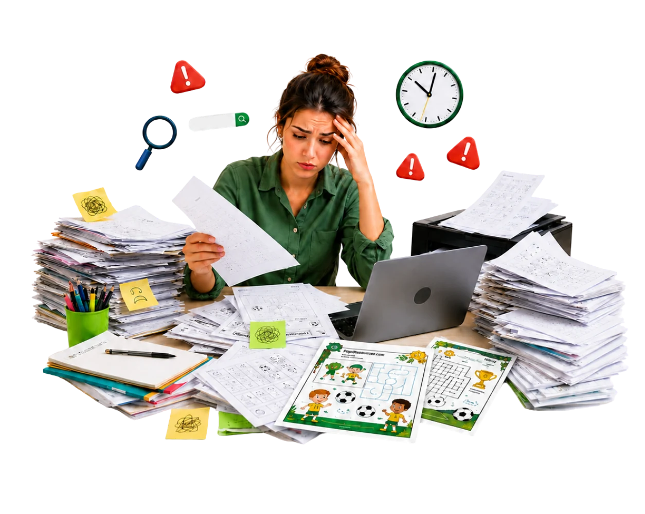Professora cansada montando atividades